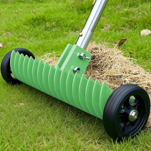 Thatch Rake for Lawn, 15-Inch Dethatcher Rake with Rolls Efficient Steel Metal Rake, Adjustable 0-15, 38-68 Inch Handle, Heavy-Duty Thatching Rakes for Cleaning Dead Grass, Yard Garden Care(Olive)