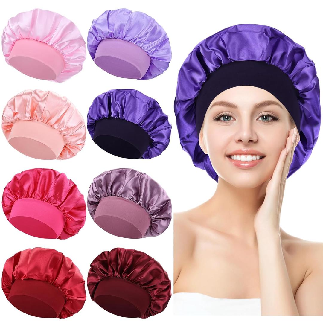 Lawie 6 Pack Colors Satin Lined Silky Sleeping Bonnets Shower Caps Curly Long Hair Protector Night Large Adjustable Wide Brim Band Sleep Hats Hair Wraps for Women Girls (Feminine Colors)