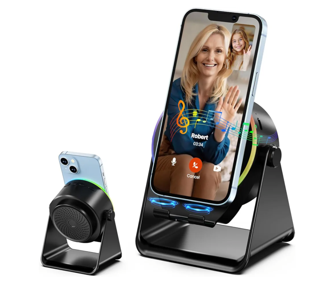 Wireless Induction Speaker, Phone Stand with Bluetooth Speaker Amplifier, Stereo Sound, RGB Ambient Light, 360° Adjustable Phone Holder Compatible with iPhone/iPad/Android/Samsung Galaxy-Black