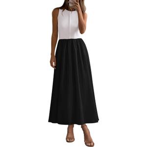 PRETTYGARDEN Maxi Dresses for Women 2026 Summer Casual Sleeveless Patchwork Flowy Vacation Sundress Knit Long Work Tank Dress, Medium