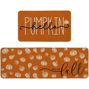 Artoid Mode Orange Hello Pumpkin Fall Kitchen Mats Set of 2, Autumn Home Decor Low-Profile Kitchen Rugs for Floor - 17x29 and 17x47 Inch