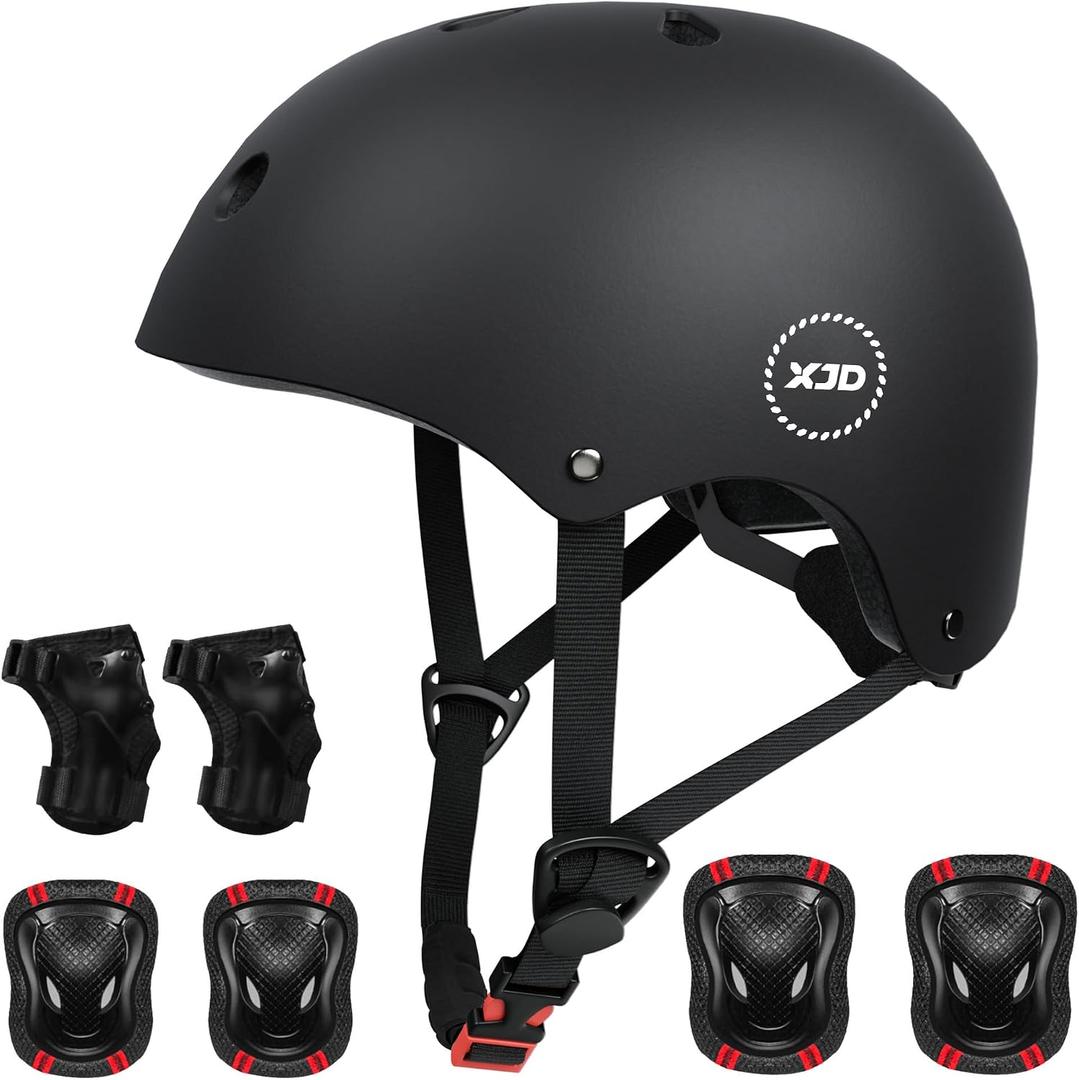 XJD Kids Bike Helmet,Multi-Sport Protective Gear Set for 3-5-8-14 Years Boys Girls with Knee and Elbow Pads Wrist Guards fit Roller Skates,Cycling,Skateboarding,Skating Scooter (Black, Small)