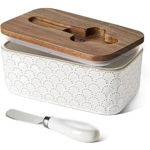 LE TAUCI Butter Dish with Lid for Countertop, Ceramic Butter Container, Embossed Butter Keeper with Acacia Wood lid, Knife, and Airtight Cover, Farmhouse Decor - Set of 1, Arctic White, Fireworks