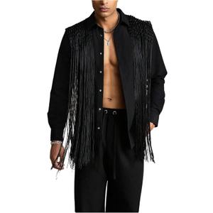 Men's Fringe Tassel Shirts Fringe Button Down Long Sleeve Party Disco Rave Shirt (X-Large, Black)