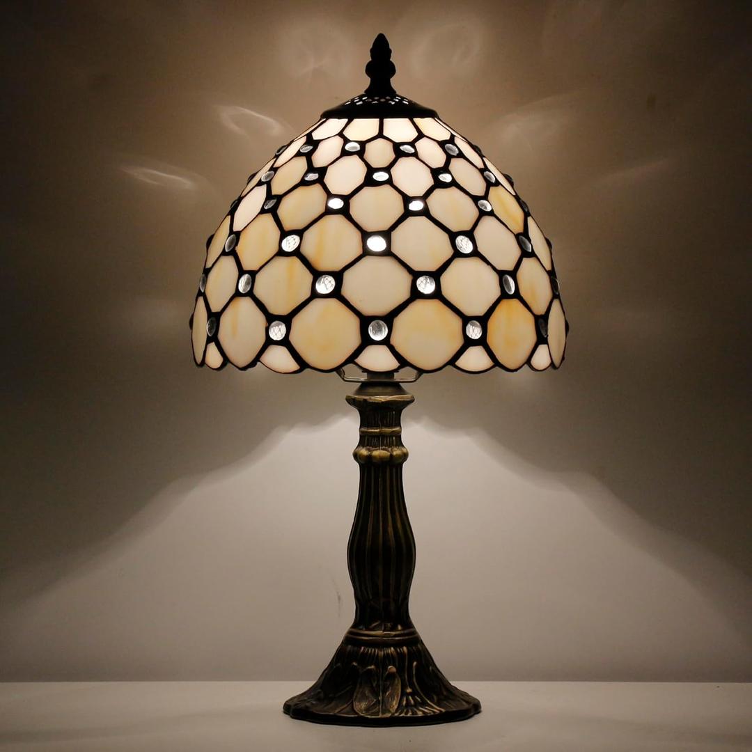 Small Tiffany Lamp Stained Glass Desk Lamp Vintage Tiffany Bedside Table Lamp for Home Living Room Bedroom Nightstand 8X15 Inch (White Crystal Pearl Bead)