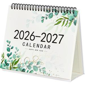 Desk Calendar 2026-2027, Small Desktop Calendar 6.8" x 8"with Eucalyptus Design, 18-Month Flip Calendar with Daily Blocks for Teacher, Bonus Stickers