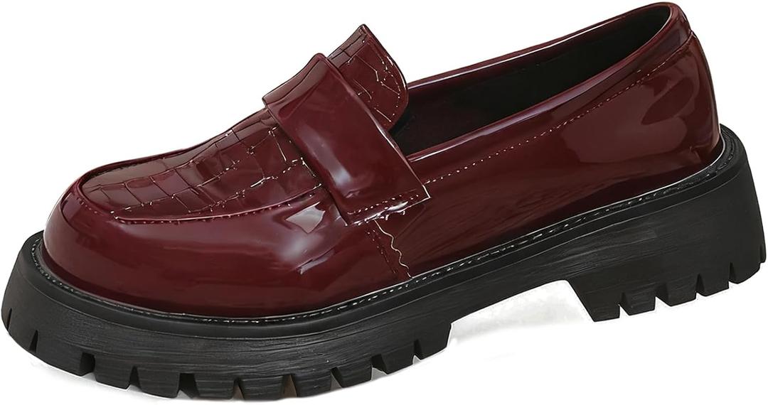 Women's Fashion Printed Patent Leather Platform Loafers Comfortable Slip-On Lug Sole Chunky Heel Penny Shoes Casual Dressy Business Work Shoes (Red,11)