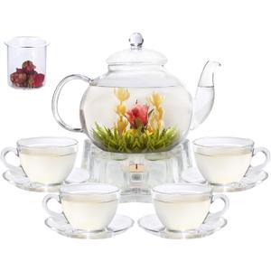Glass Teapot Set, 40OZ/1200ml Stovetop Safe Glass Tea Kettle with Removable Infuser & Tea Warmer, Tea Cups and Saucers Set of 4, Blooming Tea & Loose Leaf Tea Maker Set for Women (40OZ & 4 * 7OZ Cups & Saucers)