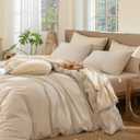MooMee Striped Duvet Cover Set 100% Washed Cotton Linen Like Textured Breathable Durable Soft Comfy (Tannish Linen Grey White Pinstripes, King 104"x90")