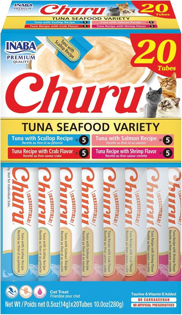 INABA Churu Cat Treats, Lickable, Squeezable Creamy Pure Cat Treat with Green Tea Extract & Taurine, 0.5 Ounces Each Tube, 20 Tubes, Tuna & Seafood Variety Box (EXP 12/18/25)