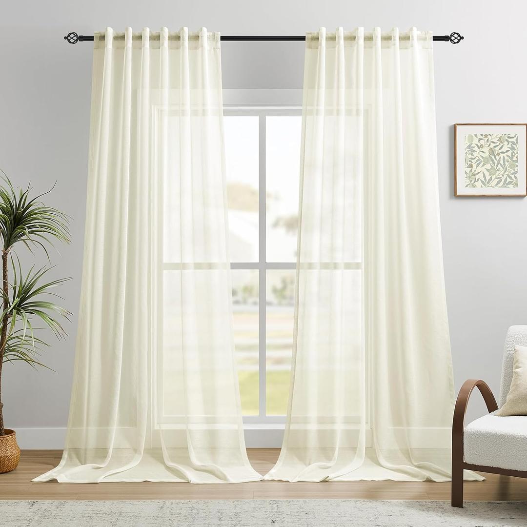 Dreaming Casa Ivory Sheer Curtains 96 Inches Long, Rod Pocket & Back Tab Light Filtering Textured Sheers for Living Room Bedroom, 2 Panels, Each 52" W x 96" L