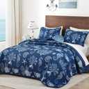 Djoymock Coastal King Size Quilt Set 3 Pcs, Summer Blue Beach Theme Quilts with Pillowcases Reversible Microfiber Ocean Bedding Set Nautical Bedspreads Coverlet Lightweight Comforter for All Season