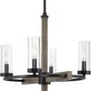Kira Home Alden 18" 4-Light Farmhouse Chandelier + Clear Cylinder Glass Shades, Gray Oak Wood Style + Black Finish