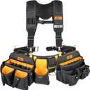 Aupofit Comfortable Tough Thick 7-Piece Tool Belt with Suspenders 32 Pockets and Loops, 1680D Denier Fabric Heavy Duty Tool Belts with Carry Handles, Fits Waists 36-49In, Black and Yellow