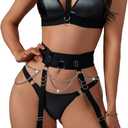 Sexy Lingerie Set For Women With Garter Belt 5 Pieces Strappy Bra and Panty Set Adjustable With Chain (Small, Black Leather)