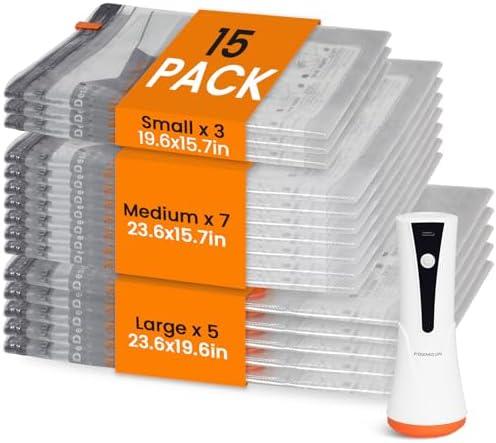 Vacuum Seal Bags for Clothing Travel with Rechargeable Cordless Pump, 15 Pack Compression Space Saver Bags for Packing, Luggage and Seasonal Storage