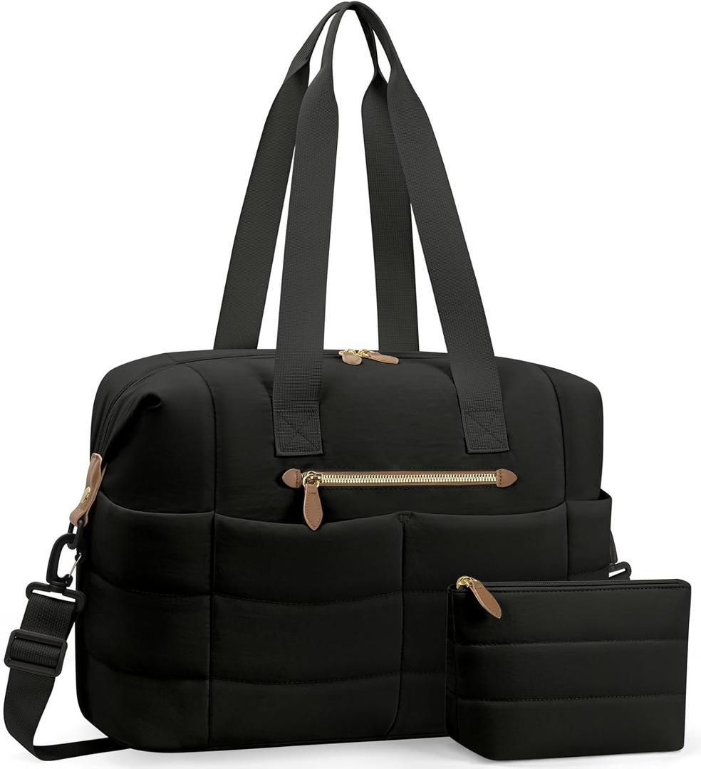 Travel Duffel Bag, Puffer Gym Bag for Women Weekender Overnight Bags, Carry On Luggage Tote Hospital Bag for Women Labor Delivery with Toiletry Pouch(Black, L)