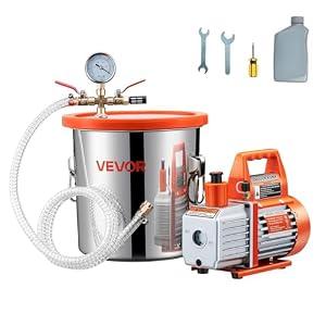 VEVOR 3 Gallon Vacuum Chamber with Pump, 3.5 CFM, Stainless Steel Degassing Chamber Kit, Single Stage Vacuum Pump, Tempered Glass Lid, 4.92 ft Hose, Oil, for Stabilizing Wood Degassing Silicone Resin