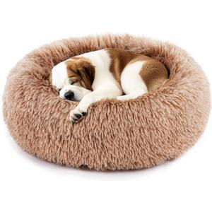 DUMOS Calming Donut Cat & Dog Bed for Medium Dogs, Machine Washable Cuddle Warming Cozy Fluffy Faux Fur Plush Round Dog Bed, Anti-Anxiety Waterproof Anti-Slip Pet Bed, Brown, 24248 Inches