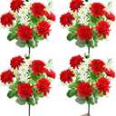 TURNMEON 48 Heads Artificial Flowers for Outdoors, 4 Bunches 17 Inch Dahlia Daisies Mum Fake Flowers UV Resistant Faux Plants Bouquets for Outside Grave Gardens Indoor Home Summer Decor (Red)