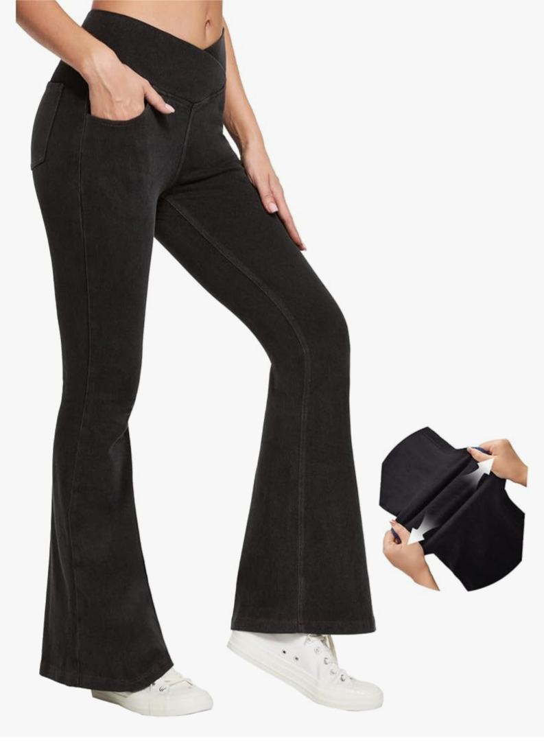 IUGA Bell Bottom Jeans for Women High Waisted Stretchy Flare Jeans Pull On Wide Leg Jeans V Cross Tummy Control Flare Pants L