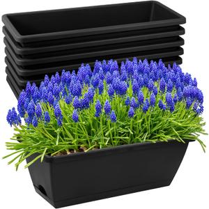 8pcs Window Box Planter,17 Inches Flower Window Boxes,Rectangle Planters Box with Drainage Holes and Trays, Plastic Vegetable Planters for Windowsill Patio Garden Home Decor Porch Yard (Black)