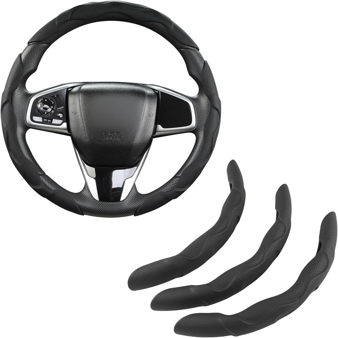 West Llama 3PCS Leather Car Steering Wheel Cover,Snap On Steering Wheel Protector Universal 99% Cars(3PCS-Black)