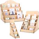 3 Pcs 4 Tiered Greeting Card Display Stand Sticker Display Stand for Vendors Wooden Collector Card Rack Wood Holder for Postcard Photos Bookmark Trade Shows Retail Counter, 3 Sizes(Brown)