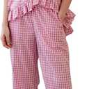 Flygo Women's Plaid 2 Piece Pajamas Sets Gingham Button Down Puff Sleeve Babydoll Shirt Ruffle Pants Y2K Pjs Lounge Set (Large, Pink)