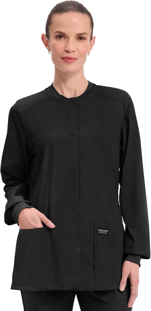Cherokee Scrub for Women Snap Front Jacket with 3 Pockets, Fade Resistant, 2-Way Stretch, Soft & Durable Fabric (XX-Small, Black)