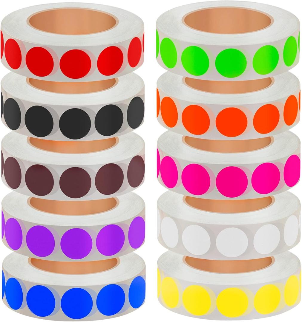 1/2 Inch Solid Round Color Coding Labels Roll, Self-Adhesive Circle Dot Sticker 10 Assorted Colors for Inventory and Home Organize, File Classification, 10 Colors (10000) (1/2 Inch 10000pcs)