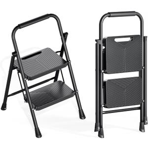 KINGRACK 2 Step Ladder, Folding Step Stool with Handrail, Safe-Lock Design and Wide Anti-Slip Pedals, 500 lbs Capacity Sturdy Steel Ladder for Home and Kitchen, Black