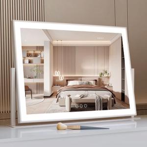 Vanity Mirror with Lights, Large Makeup Mirror with Lights, LED Lighted Makeup Mirror with 3 Color Light Modes, Smart Touch Tabletop Mirror for Makeup Desk 360 Rotation 22.8" x 18" White