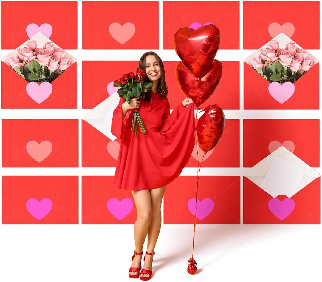 Gueevin 16 Pcs Large Valentine's Day Decor Jumbo Valentine's Love Letter Backdrop DIY with Heart Sticker 9.84 x 15.75 Inches Red Love Letter Wall Ornament for Room Galentine's Day Wedding