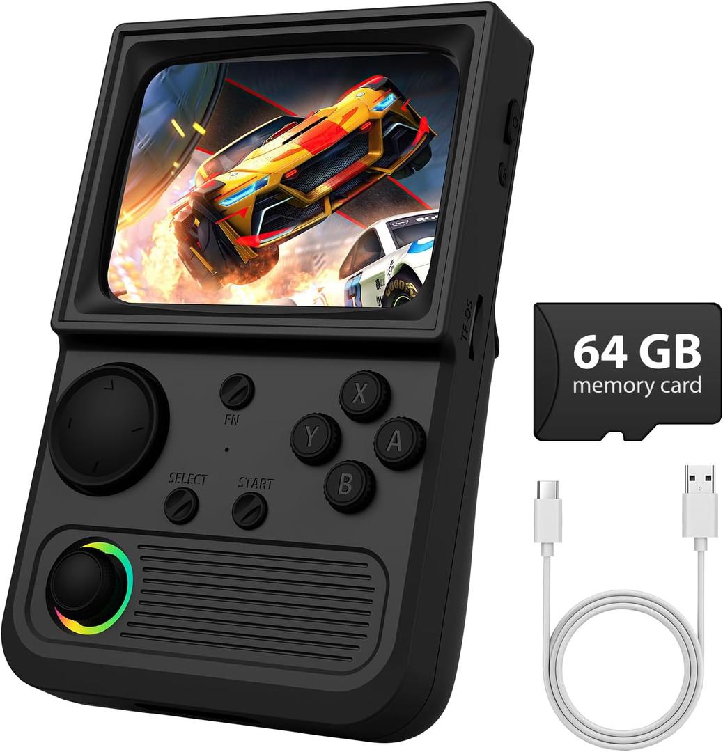 R36T Retro Game Console, Handheld Game Console with 3.5in IPS HD Screen, Video Game Consoles Supports WiFi Networked Fighting and OTG, 3500mAh Battery, 64GB TF Card, Black