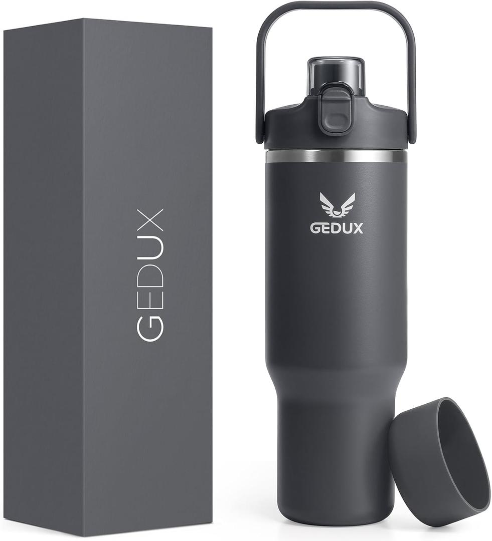 32 oz Stainless Steel Tumbler with Handle and Straw, Vacuum Insulated Water Bottle with 2-in-1 Lid (Chug/Straw) and Silicone Boot，Keeps Drinks Hot and Cold