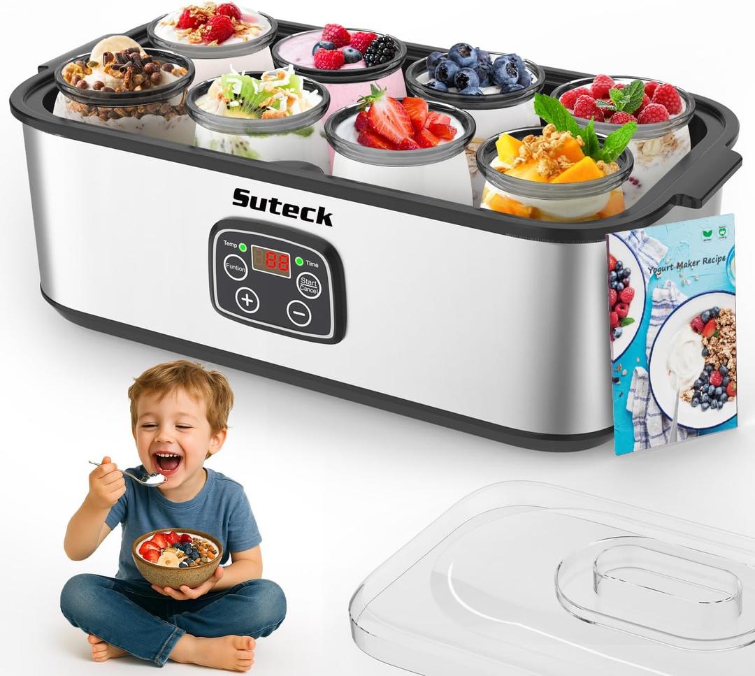 Suteck Yogurt Maker - Stainless Steel Yogurt Makers with Adjustable Time & Temp ControlAutomatic Shut-Off & Constant Temper for Homemade Greek, Probiotic Yogurt, BPA-Free 8 Glass Jars (48 oz), Black