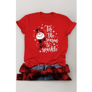 Christmas Snowman Shirt for Women Tis The Season to Sparkle Xmas T-Shirts Graphic Plaid Holiday Blouse Tops, Large