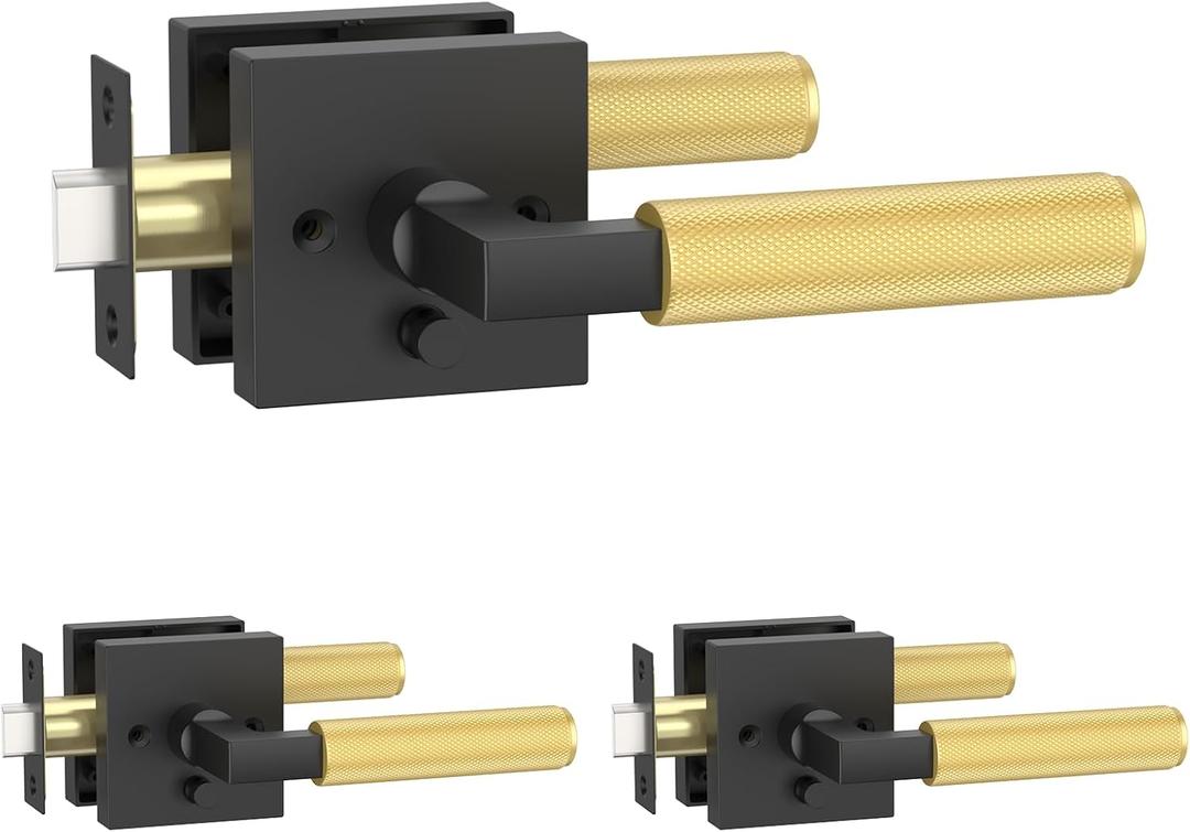 Amerdeco 3 Pack Privacy Door Handles, Black and Brushed Gold Interior, Knurled Lever, Heavy Duty for Bedroom and Bathroom, Reversible Keyless for Right & Left Side AM0021