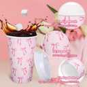 Whaline 50 Set Pink Bow Disposable Coffee Cups with Lids and Sleeves Coquette Bowknot Paper Drinking Cups for Valentine's Day Mother's Day Wedding Birthday Baby Shower Bachelorette Party Supplies