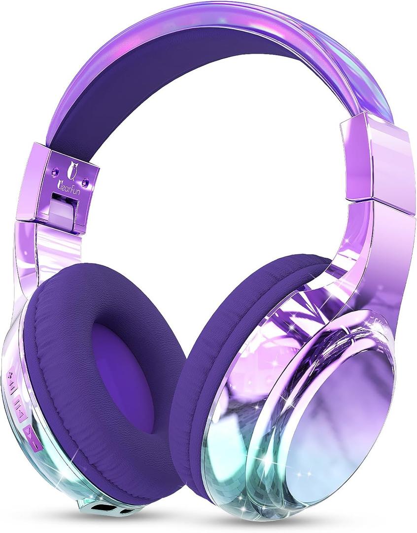QearFun Kids Bluetooth Headphones, 60H Playtime, 74/85/94dB Safe Volume Limit, Metallic Gradient Wireless Headset with HD Mic, Fast Charging, Foldable, Wired 3.5mm Mode for School/Tablet/Travel (Purple)
