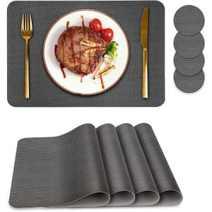 Bacgnyer Placemats Set of 4, Placemat with Coasters Heat Stain Scratch Resistant Non-Slip Waterproof Oil-Proof Washable Wipeable Outdoor Indoor for Dining Patio Table Kitchen Decor and Kids (Grey 4) (Gray)