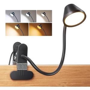 LEPOWER Clip on Light, 7W Reading Lights for Books in Bed with 5 Colors & Stepless Dimming, RG0 Eye-Care, Amber Glow Light & Auto Timer, Strong Clamp with Adapter for Headboard, Bedside, Desk, Black