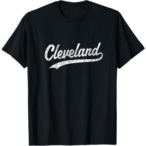 Cleveland OH Vintage Baseball Sports Script T-Shirt (Large, Black)