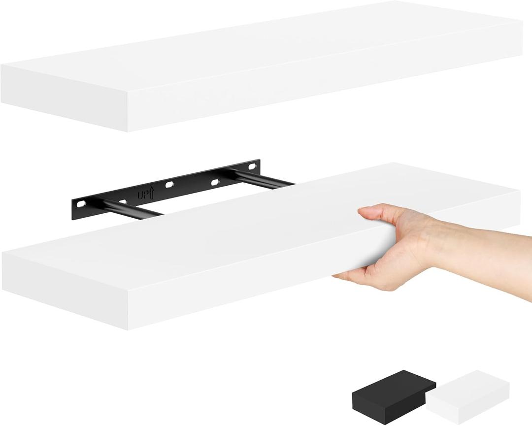 Bellsal Floating Shelves for Wall, White Engineered Wood Wall Shelf Set of 2, 24" Wall Mounted Floating Shelf for Kitchen, Living Room, Bedroom, Bathroom Storage, Book Shelf for Home Decor (2 pcs: 23.6*6.7, White)