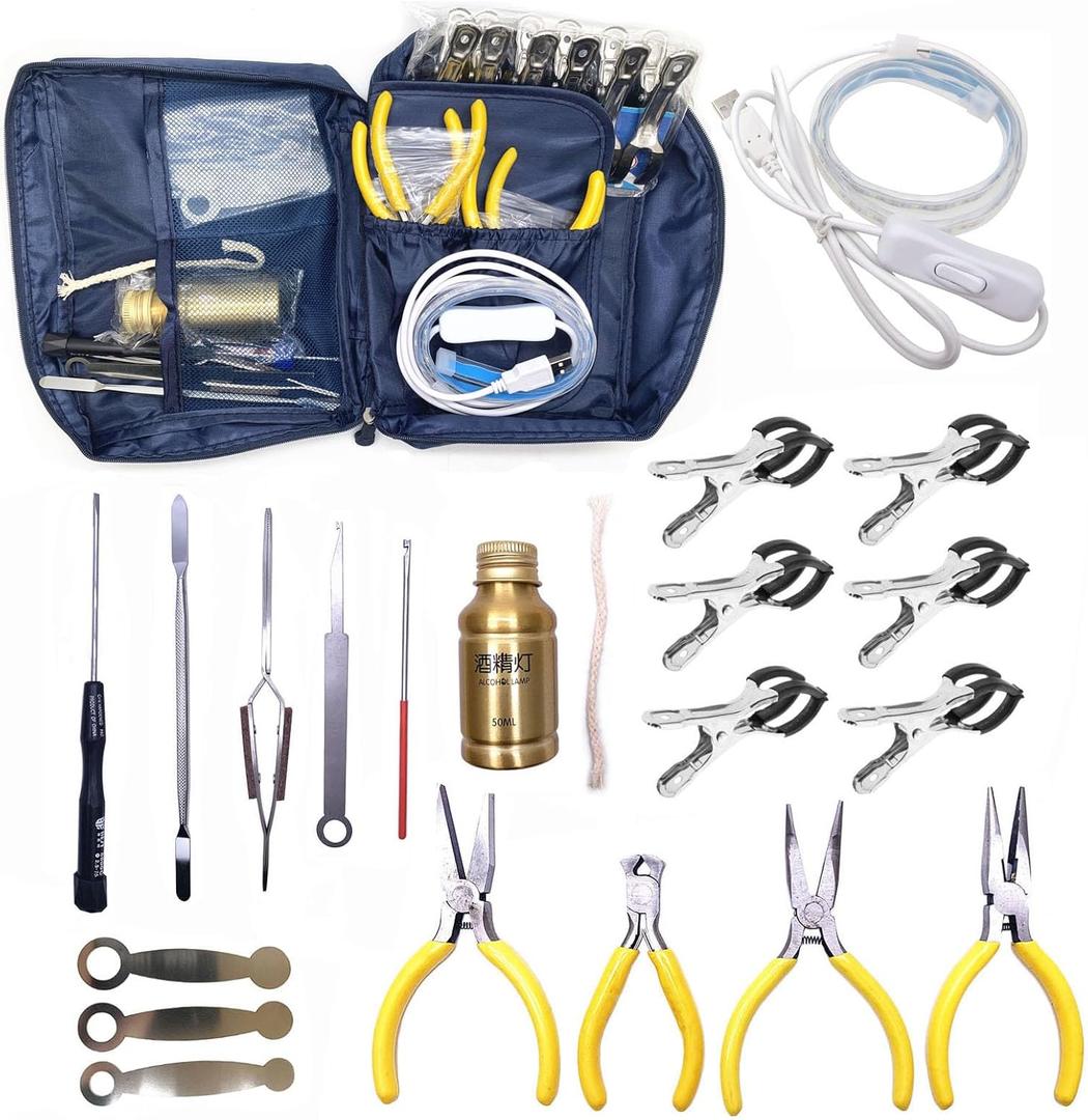 Jiayouy 20PCS Flute Tool Kit, Professional Flute Repairing Maintenance Tool Kit with Carry Bag, LED Leak Light, Key Cover Adjusting Tool, Key Indentation Clip, Pliers, Alcohol Lamp Burner