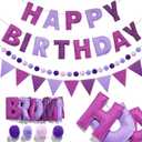 Pre-Strung Happy Birthday Banner Felt Ball Happy Birthday Garland Purple Birthdays Decorations Bunting String Triangle Flags Purple Pennant Banners Photo Booth Party Supplies for Women