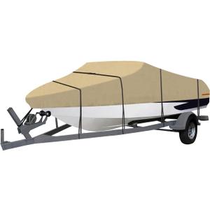 OutdoorLines Waterproof Boat Covers 14-16 Ft Long - Heavy Duty UV Resistant Trailerable Boat Covering for V-Hull,Tri-Hull, Bass, Runabout, Fish&Ski,Pro-Style Fishing Boat, Camel