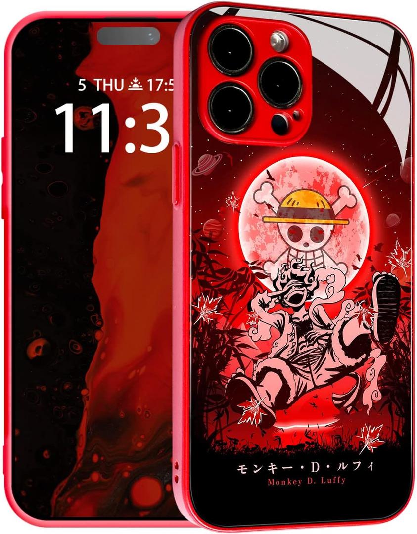 Japanese Anime Anti-Drop Color Soft Silicone Protective Shell Manga Pattern Tempered Glass Covers Multicolor Phone Cases (Red, Gear 5 Nika JoyBoy, for iPhone 14)