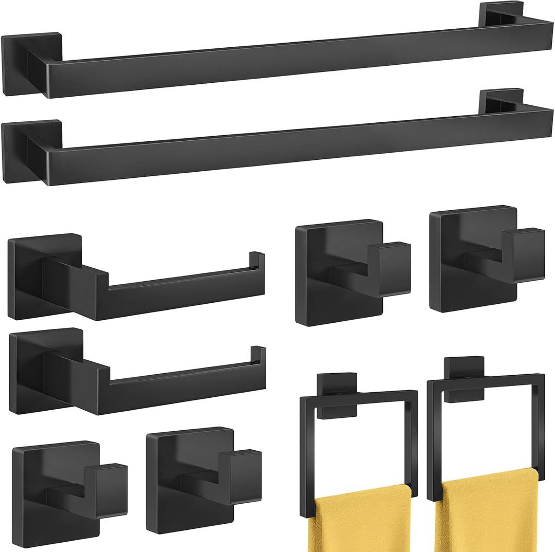 Bathroom Hardware Accessories Set, 10 Piece Black Towel Bar Set Stainless Steel, Towel Racks for Bathroom Wall Mounted Towel Holder Set, 24 inch